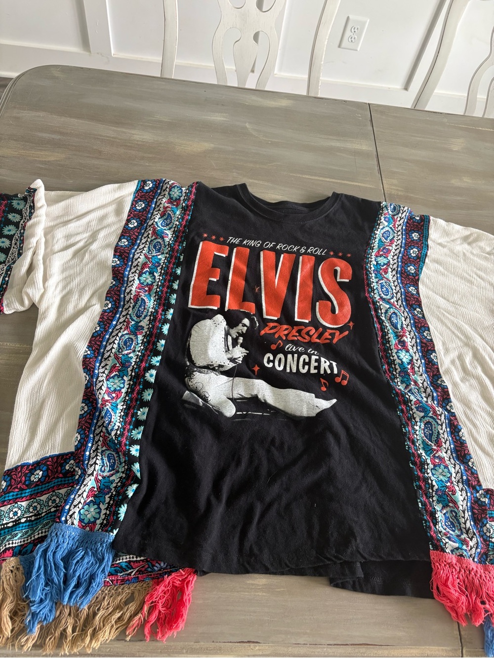 Black Elvis Graphic Tee with Multicolor Fringe Kimono